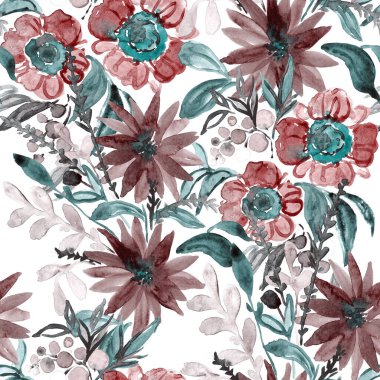 Çiçeklerle suluboya kusursuz desen. Çiçek tasarımı. Romantik bir düğün geçmişi. Parlak, kusursuz bir yaz dönemi. Botanik duvar kağıdı. Her türlü tasarım için kullanılabilir.