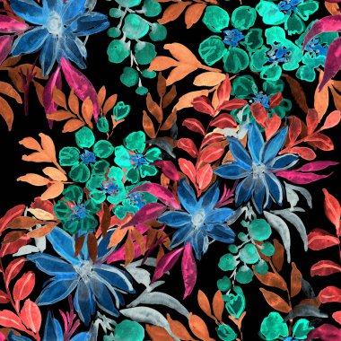 Çiçeklerle suluboya kusursuz desen. Çiçek tasarımı. Romantik bir düğün geçmişi. Parlak, kusursuz bir yaz dönemi. Botanik duvar kağıdı. Her türlü tasarım için kullanılabilir.