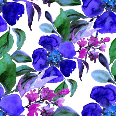 Çiçeklerle suluboya kusursuz desen. Çiçek tasarımı. Romantik bir düğün geçmişi. Parlak, kusursuz bir yaz dönemi. Botanik duvar kağıdı. Her türlü tasarım için kullanılabilir.