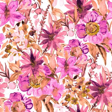 Çiçeklerle suluboya kusursuz desen. Çiçek tasarımı. Romantik bir düğün geçmişi. Parlak, kusursuz bir yaz dönemi. Botanik duvar kağıdı. Her türlü tasarım için kullanılabilir.