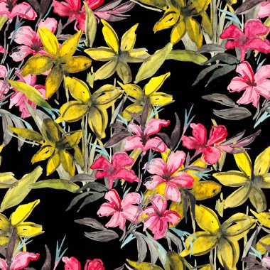 Çiçeklerle suluboya kusursuz desen. Çiçek tasarımı. Romantik bir düğün geçmişi. Parlak, kusursuz bir yaz dönemi. Botanik duvar kağıdı. Her türlü tasarım için kullanılabilir.