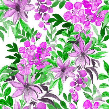 Çiçeklerle suluboya kusursuz desen. Çiçek tasarımı. Romantik bir düğün geçmişi. Parlak, kusursuz bir yaz dönemi. Botanik duvar kağıdı. Her türlü tasarım için kullanılabilir.