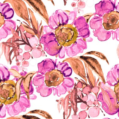 Çiçeklerle suluboya kusursuz desen. Çiçek tasarımı. Romantik bir düğün geçmişi. Parlak, kusursuz bir yaz dönemi. Botanik duvar kağıdı. Her türlü tasarım için kullanılabilir.