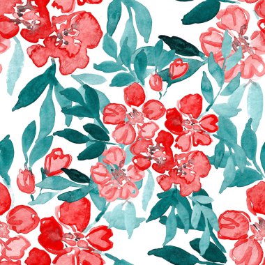 Çiçeklerle suluboya kusursuz desen. Çiçek tasarımı. Romantik bir düğün geçmişi. Parlak, kusursuz bir yaz dönemi. Botanik duvar kağıdı. Her türlü tasarım için kullanılabilir.