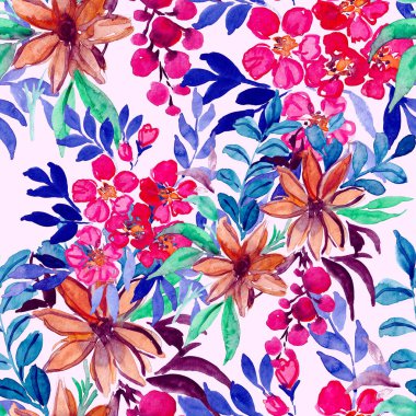 Çiçeklerle suluboya kusursuz desen. Çiçek tasarımı. Romantik bir düğün geçmişi. Parlak, kusursuz bir yaz dönemi. Botanik duvar kağıdı. Her türlü tasarım için kullanılabilir.