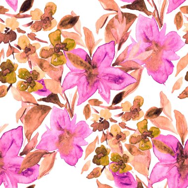 Çiçeklerle suluboya kusursuz desen. Çiçek tasarımı. Romantik bir düğün geçmişi. Parlak, kusursuz bir yaz dönemi. Botanik duvar kağıdı. Her türlü tasarım için kullanılabilir.