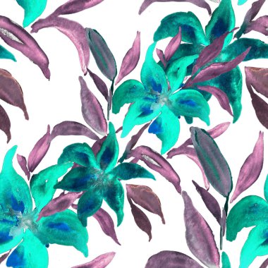 Çiçeklerle suluboya kusursuz desen. Çiçek tasarımı. Romantik bir düğün geçmişi. Parlak, kusursuz bir yaz dönemi. Botanik duvar kağıdı. Her türlü tasarım için kullanılabilir.