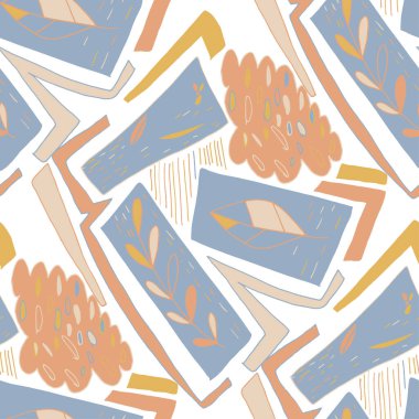 Soyut karalamalarla kusursuz vektör deseni. Parlak yaz baskısı. Renkli bir geçmişi var. Geometrik karalama ve yapraklar.