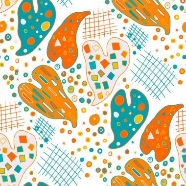 Soyut karalamalarla kusursuz vektör deseni. Parlak yaz baskısı. Renkli bir geçmişi var. Geometrik karalama ve yapraklar.