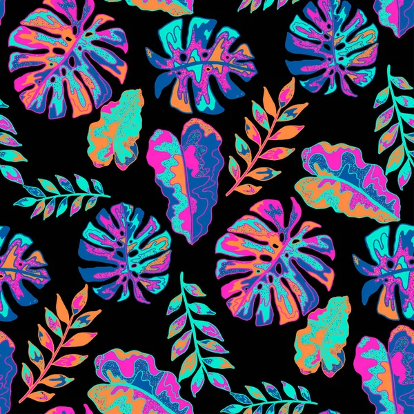 Δημιουργικό Μοτίβο Χωρίς Ραφή Αφηρημένα Τροπικά Φύλλα Χίππυ Στυλ Πολύχρωμο — Διανυσματικό Αρχείο