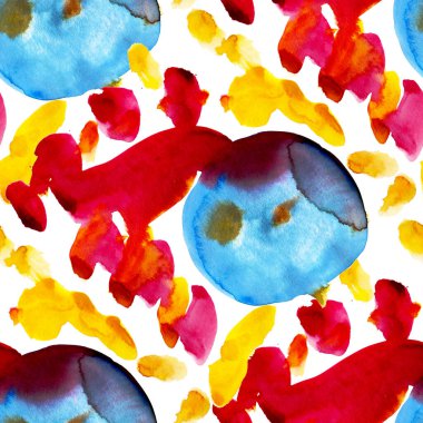 Suluboya, soyut, kusursuz desen. Parlak el yapımı elementlerle yaratıcı doku. Soyut renkli yazdırma.