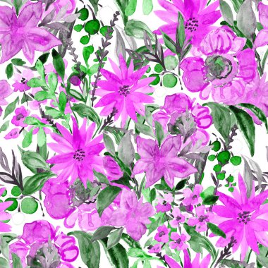 Çiçeklerle suluboya kusursuz desen. Çiçek tasarımı. Romantik bir düğün geçmişi. Parlak, kusursuz bir yaz dönemi. Botanik duvar kağıdı. Her türlü tasarım için kullanılabilir.