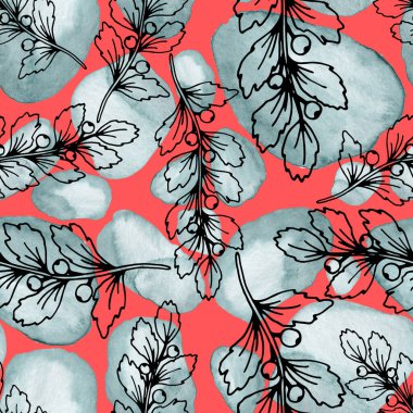 Çizgili sanat çiçekleri ve suluboya lekeleri olan yaratıcı kusursuz desen. Moda soyut modern vintage baskı. 