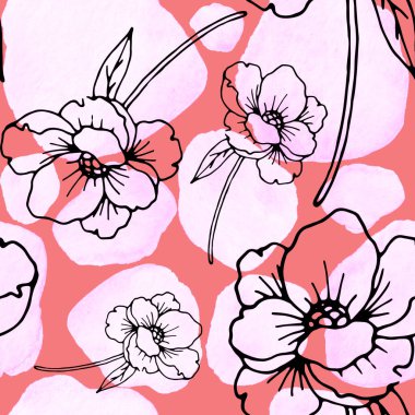 Çizgili sanat çiçekleri ve suluboya lekeleri olan yaratıcı kusursuz desen. Moda soyut modern vintage baskı. 