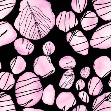 Çizgili sanat çiçekleri ve suluboya lekeleri olan yaratıcı kusursuz desen. Moda soyut modern vintage baskı. 