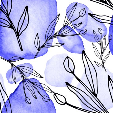 Çizgili sanat çiçekleri ve suluboya lekeleri olan yaratıcı kusursuz desen. Moda soyut modern vintage baskı. 