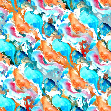 Suluboya, soyut, kusursuz desen. Parlak el yapımı elementlerle yaratıcı doku. Soyut renkli yazdırma.