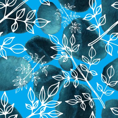 Çizgili sanat çiçekleri ve suluboya lekeleri olan yaratıcı kusursuz desen. Moda soyut modern vintage baskı.