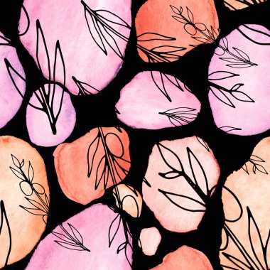 Çizgili sanat çiçekleri ve suluboya lekeleri olan yaratıcı kusursuz desen. Moda soyut modern vintage baskı.