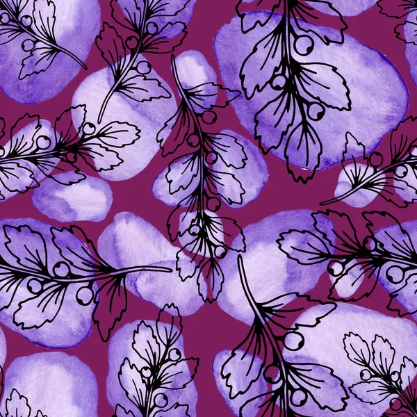 Kreatives Nahtloses Muster Mit Linienkunstblumen Und Blättern Auf Aquarellflecken Trendiger — Stockfoto