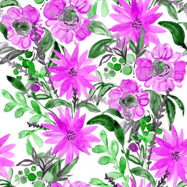 Çiçeklerle suluboya kusursuz desen. Çiçek tasarımı. Romantik bir düğün geçmişi. Parlak, kusursuz bir yaz dönemi. Botanik duvar kağıdı. Her türlü tasarım için kullanılabilir.