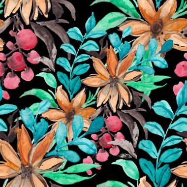 Çiçeklerle suluboya kusursuz desen. Çiçek tasarımı. Romantik bir düğün geçmişi. Parlak, kusursuz bir yaz dönemi. Botanik duvar kağıdı. Her türlü tasarım için kullanılabilir.