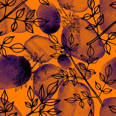 Çizgili sanat çiçekleri ve suluboya lekeleri olan yaratıcı kusursuz desen. Moda soyut modern vintage baskı.