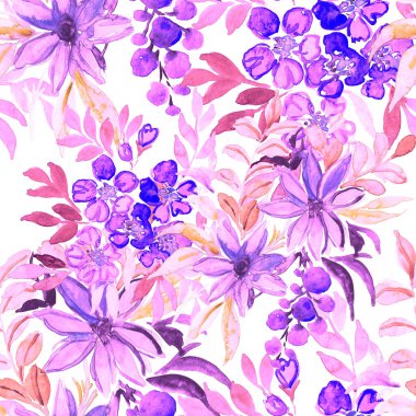 Çiçeklerle suluboya kusursuz desen. Çiçek tasarımı. Romantik bir düğün geçmişi. Parlak, kusursuz bir yaz dönemi. Botanik duvar kağıdı. Her türlü tasarım için kullanılabilir.