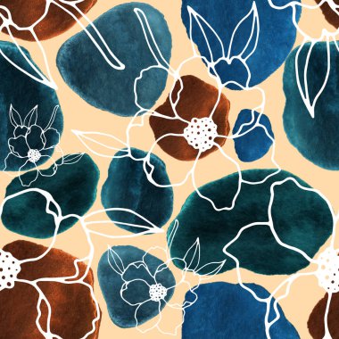 Çizgili sanat çiçekleri ve suluboya lekeleri olan yaratıcı kusursuz desen. Moda soyut modern vintage baskı.