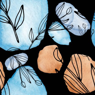 Çizgili sanat çiçekleri ve suluboya lekeleri olan yaratıcı kusursuz desen. Moda soyut modern vintage baskı.