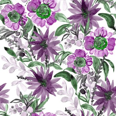 Çiçeklerle suluboya kusursuz desen. Çiçek tasarımı. Romantik bir düğün geçmişi. Parlak, kusursuz bir yaz dönemi. Botanik duvar kağıdı. Her türlü tasarım için kullanılabilir.