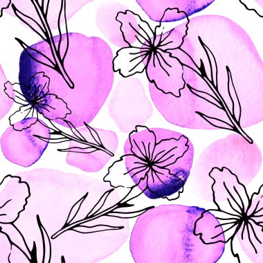 Çizgili sanat çiçekleri ve suluboya lekeleri olan yaratıcı kusursuz desen. Moda soyut modern vintage baskı.