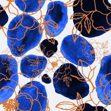 Çizgili sanat çiçekleri ve suluboya lekeleri olan yaratıcı kusursuz desen. Moda soyut modern vintage baskı.