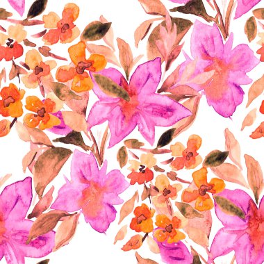 Çiçeklerle suluboya kusursuz desen. Çiçek tasarımı. Romantik bir düğün geçmişi. Parlak, kusursuz bir yaz dönemi. Botanik duvar kağıdı. Her türlü tasarım için kullanılabilir.