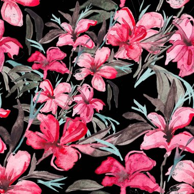 Çiçeklerle suluboya kusursuz desen. Çiçek tasarımı. Romantik bir düğün geçmişi. Parlak, kusursuz bir yaz dönemi. Botanik duvar kağıdı. Her türlü tasarım için kullanılabilir.