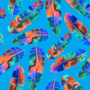 Renkli ve soyut tropikal yapraklı suluboya desenli. Egzotik bitkilerle dolu parlak yaz baskısı. Yaratıcı trend botanik tekstil tasarımı.