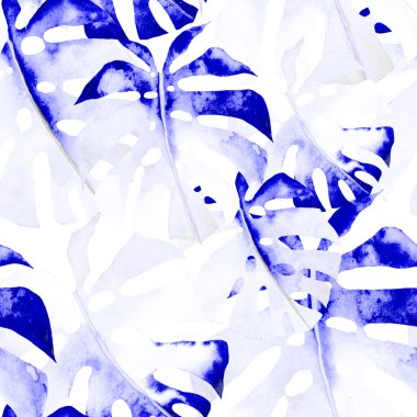 Renkli ve soyut tropikal yapraklı suluboya desenli. Egzotik bitkilerle dolu parlak yaz baskısı. Yaratıcı trend botanik tekstil tasarımı.