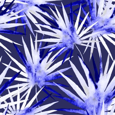 Renkli ve soyut tropikal yapraklı suluboya desenli. Egzotik bitkilerle dolu parlak yaz baskısı. Yaratıcı trend botanik tekstil tasarımı.