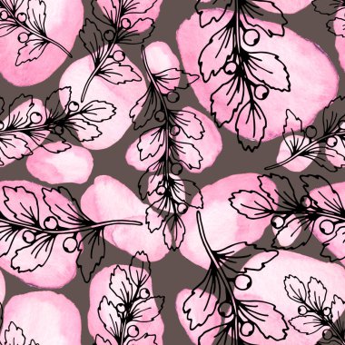 Çizgili sanat çiçekleri ve suluboya lekeleri olan yaratıcı kusursuz desen. Moda soyut modern vintage baskı.