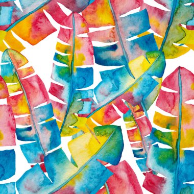 Renkli ve soyut tropikal yapraklı suluboya desenli. Egzotik bitkilerle dolu parlak yaz baskısı. Yaratıcı trend botanik tekstil tasarımı.