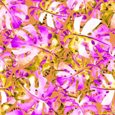 Renkli ve soyut tropikal yapraklı suluboya desenli. Egzotik bitkilerle dolu parlak yaz baskısı. Yaratıcı trend botanik tekstil tasarımı.