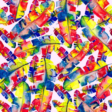 Renkli ve soyut tropikal yapraklı suluboya desenli. Egzotik bitkilerle dolu parlak yaz baskısı. Yaratıcı trend botanik tekstil tasarımı.