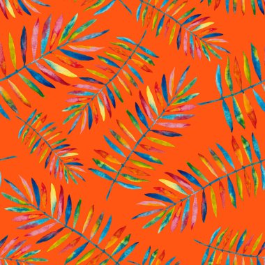 Renkli ve soyut tropikal yapraklı suluboya desenli. Egzotik bitkilerle dolu parlak yaz baskısı. Yaratıcı trend botanik tekstil tasarımı.