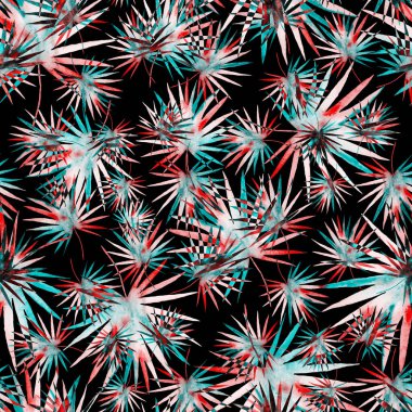 Renkli ve soyut tropikal yapraklı suluboya desenli. Egzotik bitkilerle dolu parlak yaz baskısı. Yaratıcı trend botanik tekstil tasarımı.