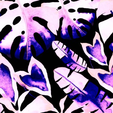 Renkli ve soyut tropikal yapraklı suluboya desenli. Egzotik bitkilerle dolu parlak yaz baskısı. Yaratıcı trend botanik tekstil tasarımı.