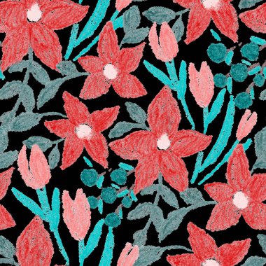 Balmumu pastel boyalarla çizilmiş soyut çiçekleri olan yaratıcı, pürüzsüz desen. Parlak renkli çiçek deseni.