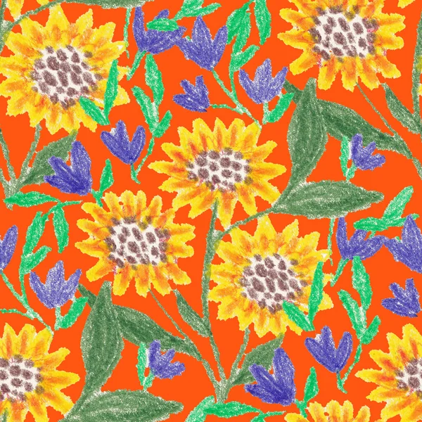 Balmumu Pastel Boyalarla Çizilmiş Soyut Çiçekleri Olan Yaratıcı Pürüzsüz Desen — Stok fotoğraf