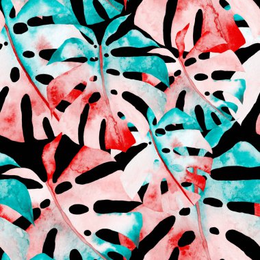 Renkli ve soyut tropikal yapraklı suluboya desenli. Egzotik bitkilerle dolu parlak yaz baskısı. Yaratıcı trend botanik tekstil tasarımı.