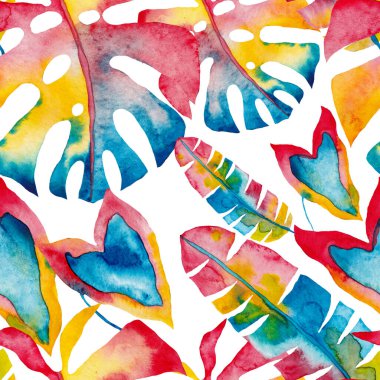 Renkli ve soyut tropikal yapraklı suluboya desenli. Egzotik bitkilerle dolu parlak yaz baskısı. Yaratıcı trend botanik tekstil tasarımı.