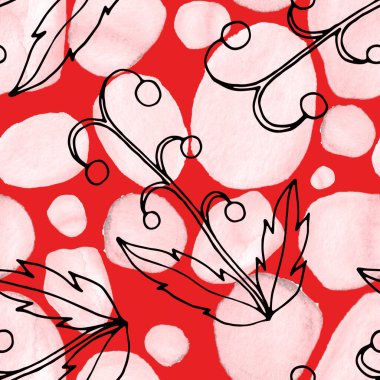 Çizgili sanat çiçekleri ve suluboya lekeleri olan yaratıcı kusursuz desen. Moda soyut modern vintage baskı.